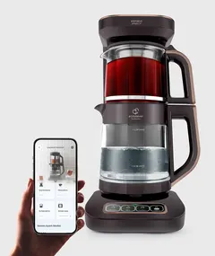 Karaca Çaysever Robotea Pro Connect 4 in 1, önden, elde Karaca Connect uygulamalı telefonla (Walnut Brown)