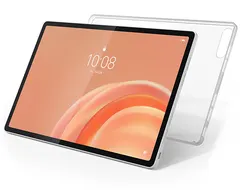 Lenovo Tab Plus Gen 2, önden üç çeyrek, şeffaf kılıfla