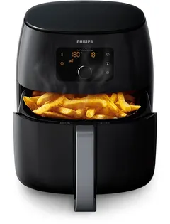 Philips Premium Airfryer XXL HD9650/90, önden, sepet açık (patates) (Siyah)